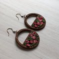 Load image into Gallery viewer, English Rose Garden Earrings, Vintage Pink And Green Fabric, Wood Hoops