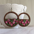 Load image into Gallery viewer, English Rose Garden Earrings, Vintage Pink And Green Fabric, Wood Hoops