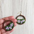 Load image into Gallery viewer, Whimsical Flower Basket Earrings, Vintage Purple And Green Fabric And Wood Hoops