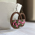 Load image into Gallery viewer, English Rose Garden Earrings, Vintage Pink And Green Fabric, Wood Hoops