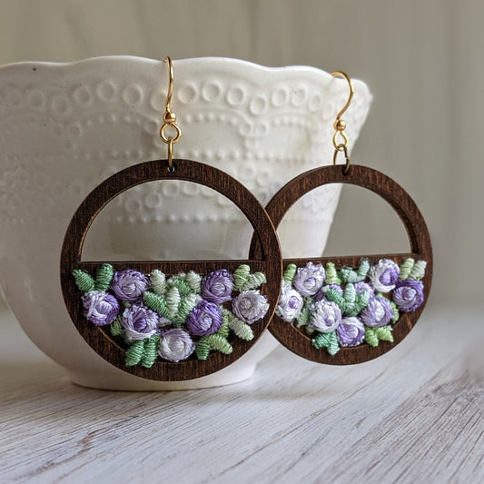Vintage Lavender And Sage Green Flower Earrings On Wood Hoops