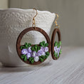 Load image into Gallery viewer, Whimsical Flower Basket Earrings, Vintage Purple And Green Fabric And Wood Hoops