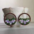 Load image into Gallery viewer, Whimsical Flower Basket Earrings, Vintage Purple And Green Fabric And Wood Hoops