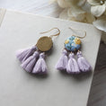 Load image into Gallery viewer, Pastel Earrings With Yellow Roses On Sky Blue Vintage Fabric With Lavender Tassels