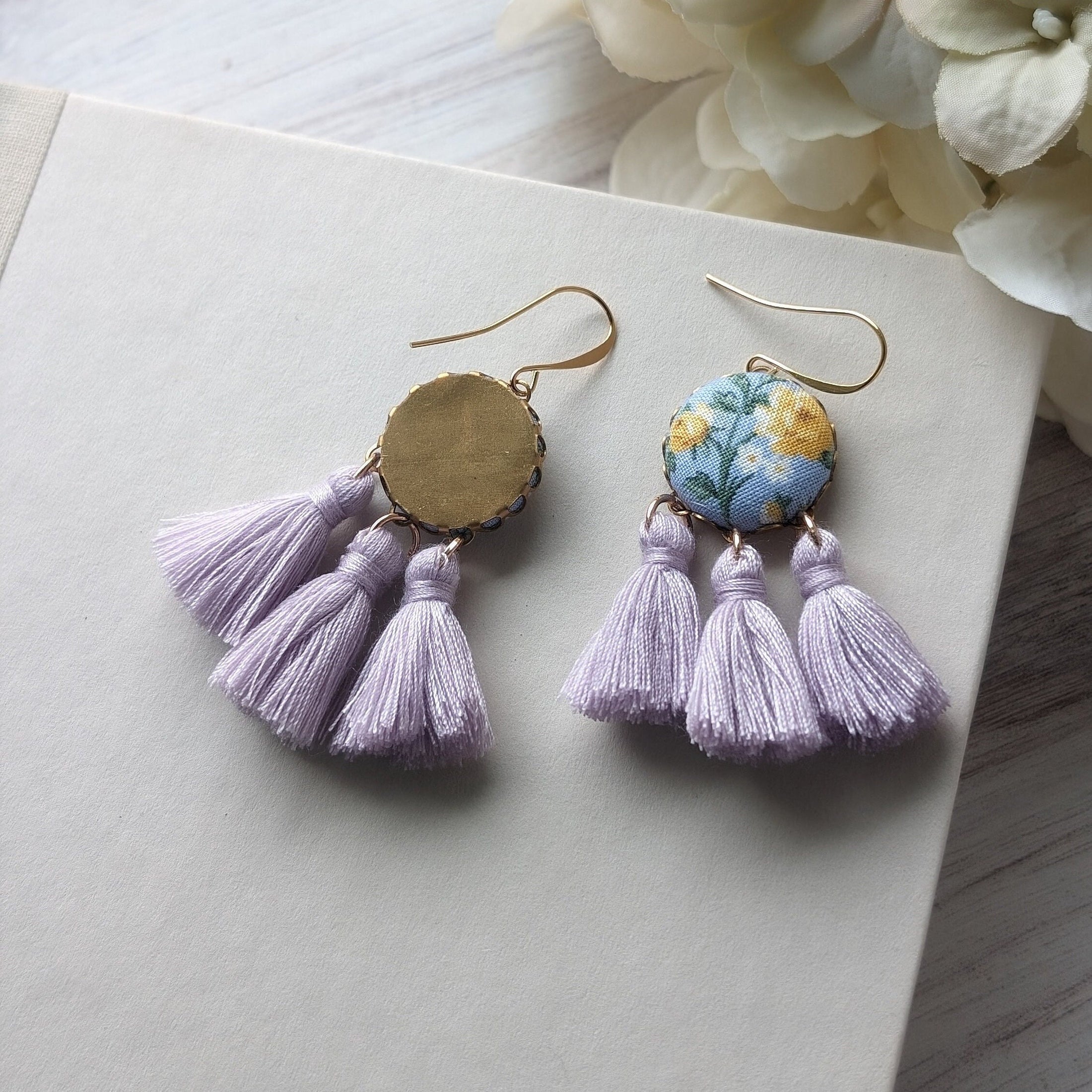 Pastel Earrings With Yellow Roses On Sky Blue Vintage Fabric With Lavender Tassels