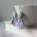 Load image into Gallery viewer, Pastel Earrings With Yellow Roses On Sky Blue Vintage Fabric With Lavender Tassels