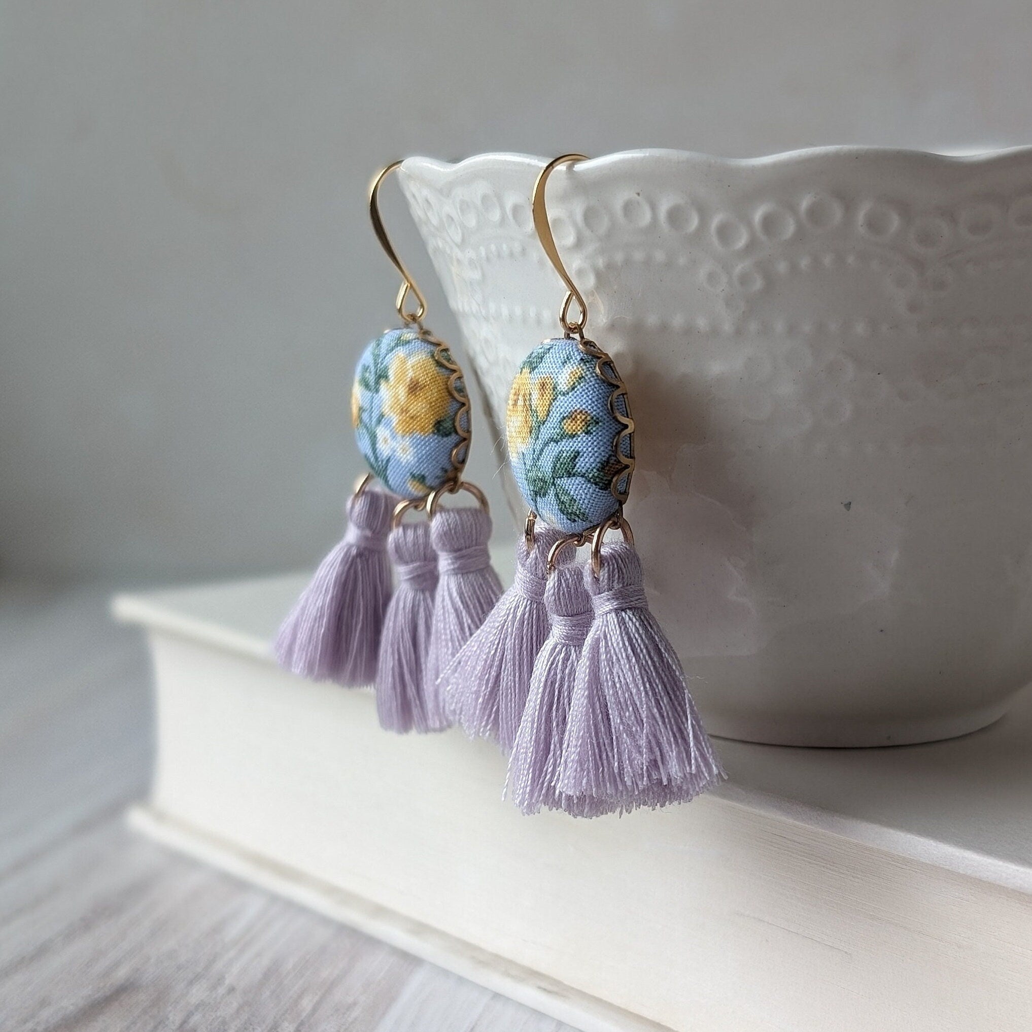 Pastel Earrings With Yellow Roses On Sky Blue Vintage Fabric With Lavender Tassels