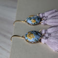 Load image into Gallery viewer, Pastel Earrings With Yellow Roses On Sky Blue Vintage Fabric With Lavender Tassels