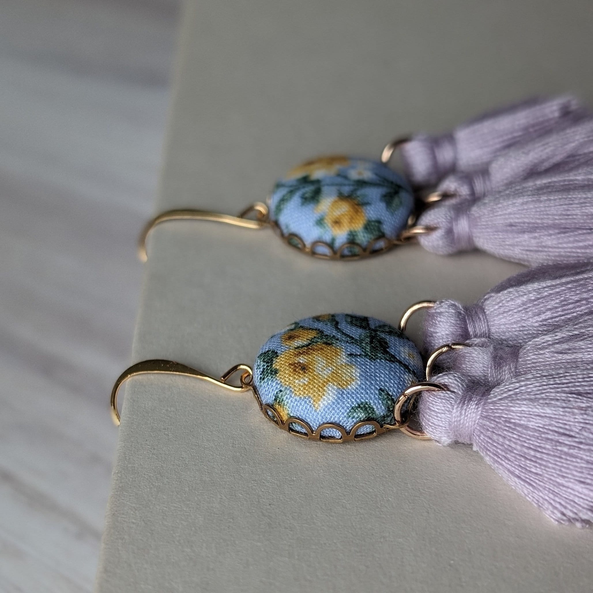 Pastel Earrings With Yellow Roses On Sky Blue Vintage Fabric With Lavender Tassels