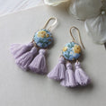 Load image into Gallery viewer, Pastel Earrings With Yellow Roses On Sky Blue Vintage Fabric With Lavender Tassels