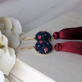 Load image into Gallery viewer, 1950s Style Vintage Floral Fabric Earrings With Long Tassels - Navy And Burgundy