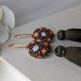 Load image into Gallery viewer, Hippie 1970s Earrings, Vintage Floral Fabric Jewelry In Moss Green, Orange, Brown