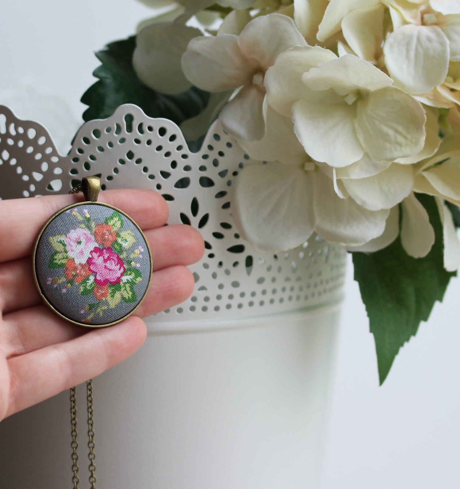 Pastel Fabric Necklace, Coral, Pink, Gray