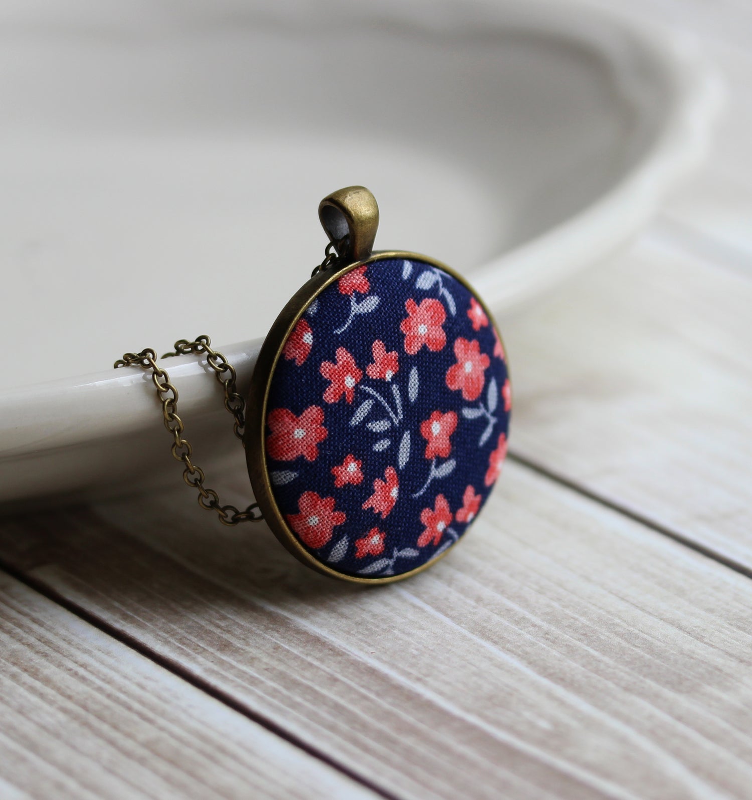 Coral And Navy Necklace, Small Or Large Fabric Pendant