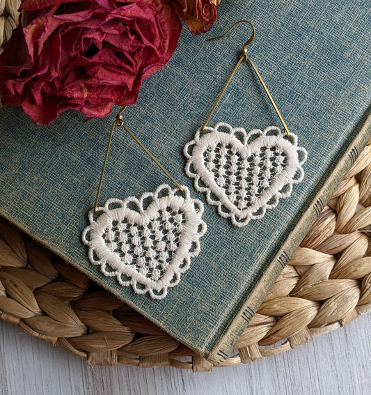 Lace Heart Earrings, Long And Lightweight Dangles, Cotton Fabric And Brass