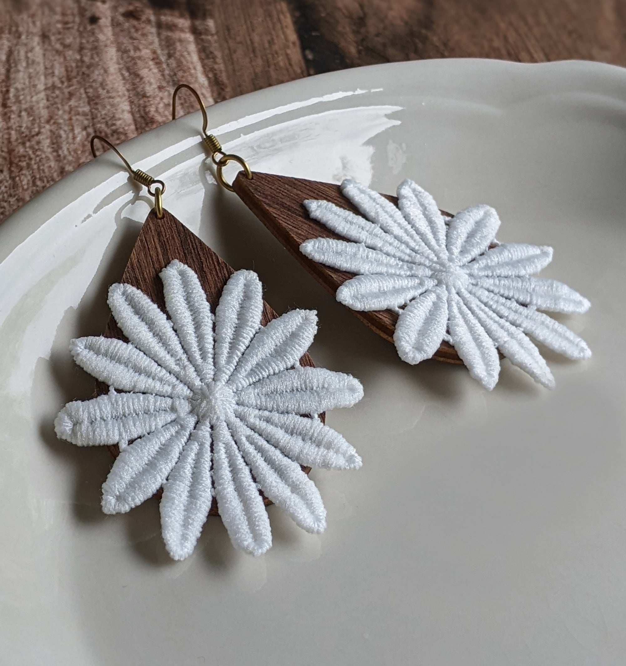 Large Lace Flower Boho Earrings On Wood Teardrops