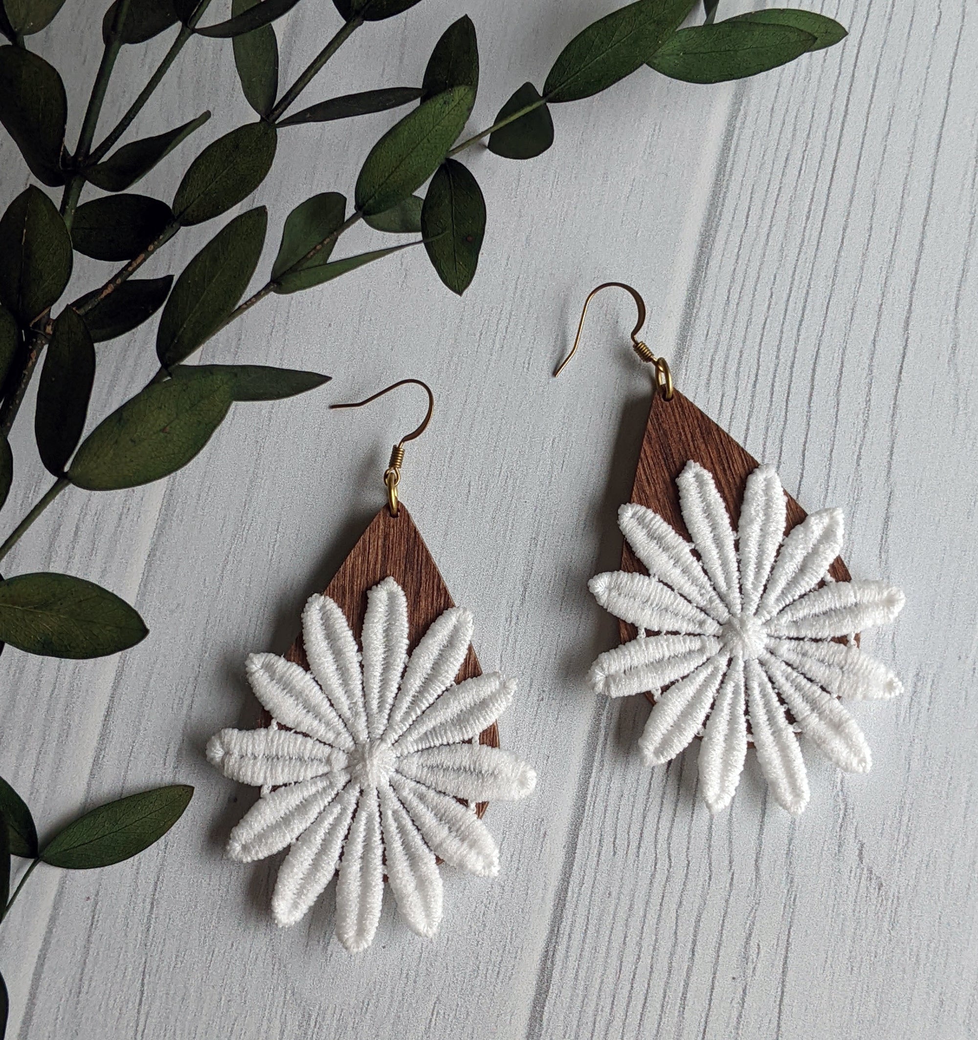 Large Lace Flower Boho Earrings On Wood Teardrops