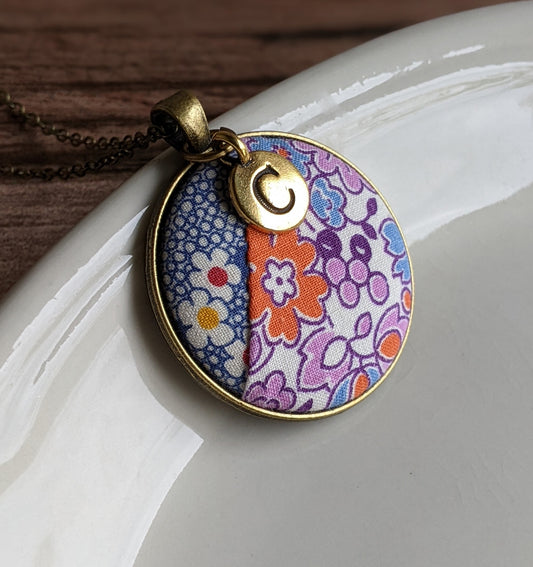 Vintage Floral Quilt Pendant With Initial Charm - Purple, Blue, And Orange