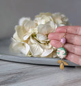 Load image into Gallery viewer, Pastel Bunny Earrings, Fabric, Pink Vintage Glass And Vintage Gold Leaves, Cute Rabbit Jewelry