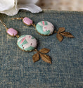 Load image into Gallery viewer, Pastel Bunny Earrings, Fabric, Pink Vintage Glass And Vintage Gold Leaves, Cute Rabbit Jewelry