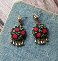 Load image into Gallery viewer, Red Rose Earrings With Brass Drops, Floral Fabric Nature Jewelry, Cottagecore Earrings, Green Leaves