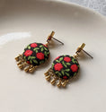 Load image into Gallery viewer, Red Rose Earrings With Brass Drops, Floral Fabric Nature Jewelry, Cottagecore Earrings, Green Leaves