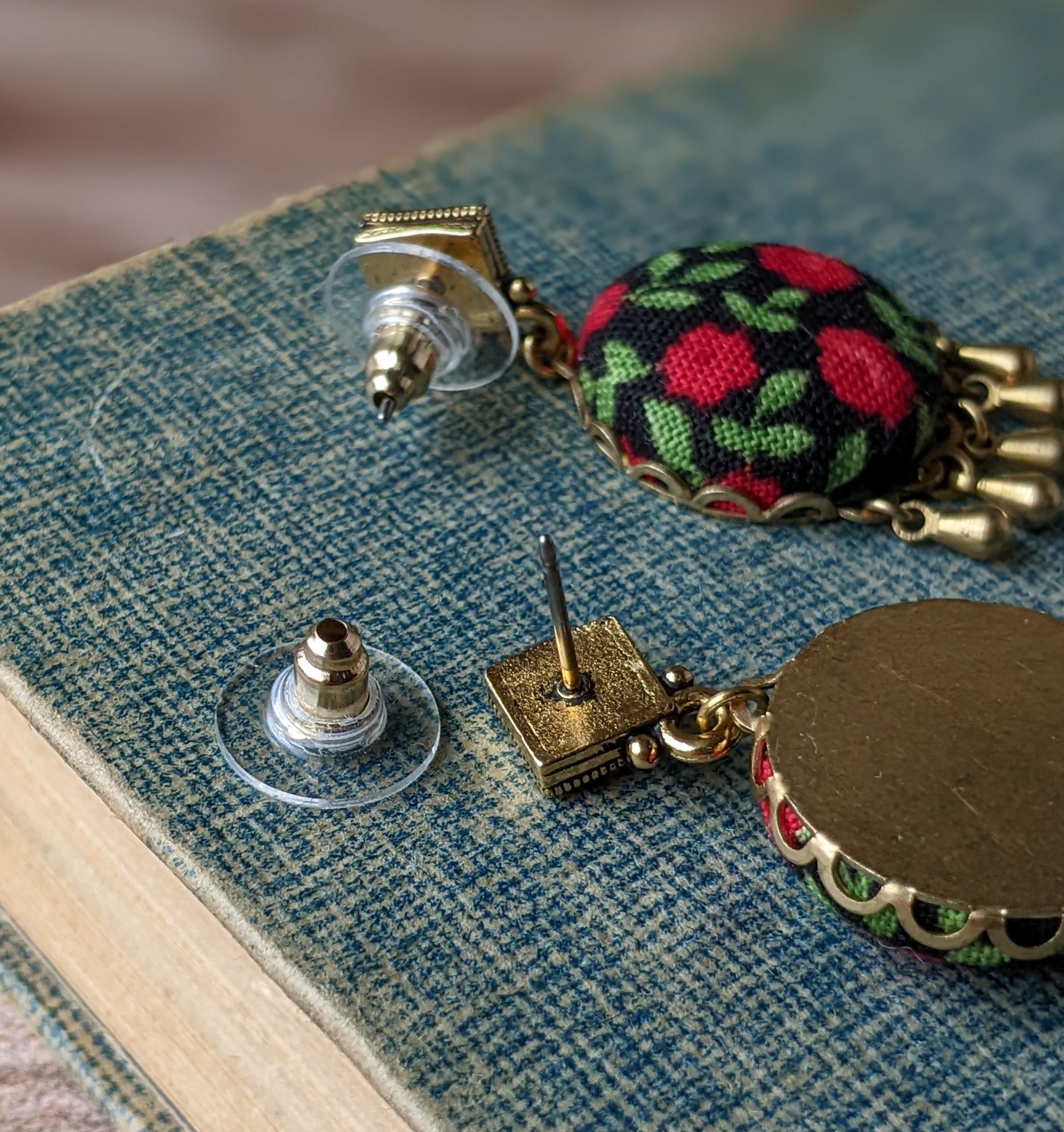 Red Rose Earrings With Brass Drops, Floral Fabric Nature Jewelry, Cottagecore Earrings, Green Leaves