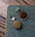 Load image into Gallery viewer, Red Rose Earrings With Brass Drops, Floral Fabric Nature Jewelry, Cottagecore Earrings, Green Leaves