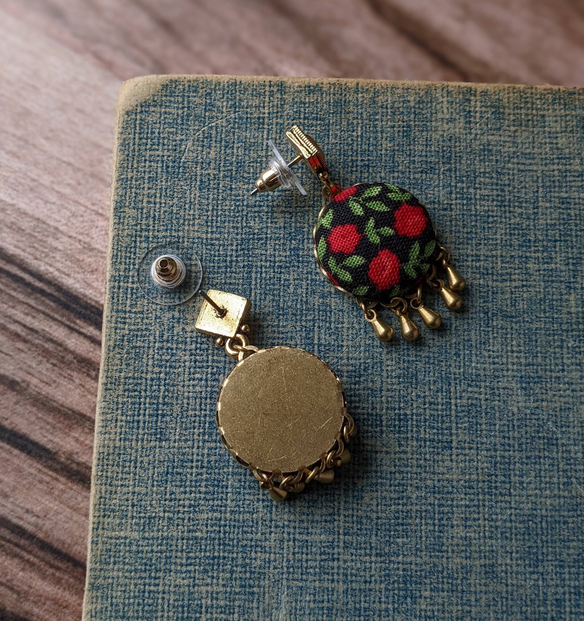 Red Rose Earrings With Brass Drops, Floral Fabric Nature Jewelry, Cottagecore Earrings, Green Leaves