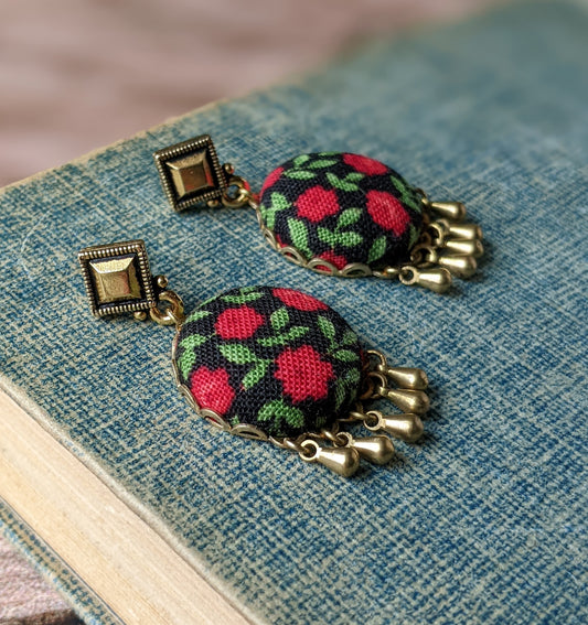 Red Rose Earrings With Brass Drops, Floral Fabric Nature Jewelry, Cottagecore Earrings, Green Leaves