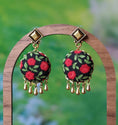 Load image into Gallery viewer, Red Rose Earrings With Brass Drops, Floral Fabric Nature Jewelry, Cottagecore Earrings, Green Leaves