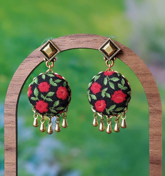 Red Rose Earrings With Brass Drops, Floral Fabric Nature Jewelry, Cottagecore Earrings, Green Leaves