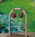 Load image into Gallery viewer, Red Rose Earrings With Brass Drops, Floral Fabric Nature Jewelry, Cottagecore Earrings, Green Leaves
