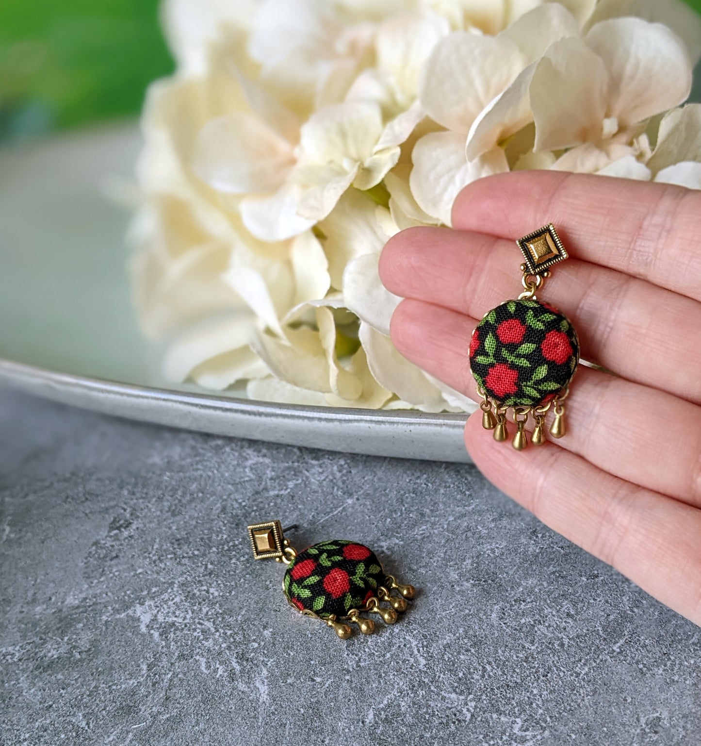 Red Rose Earrings With Brass Drops, Floral Fabric Nature Jewelry, Cottagecore Earrings, Green Leaves