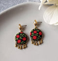 Load image into Gallery viewer, Red Rose Earrings With Brass Drops, Floral Fabric Nature Jewelry, Cottagecore Earrings, Green Leaves