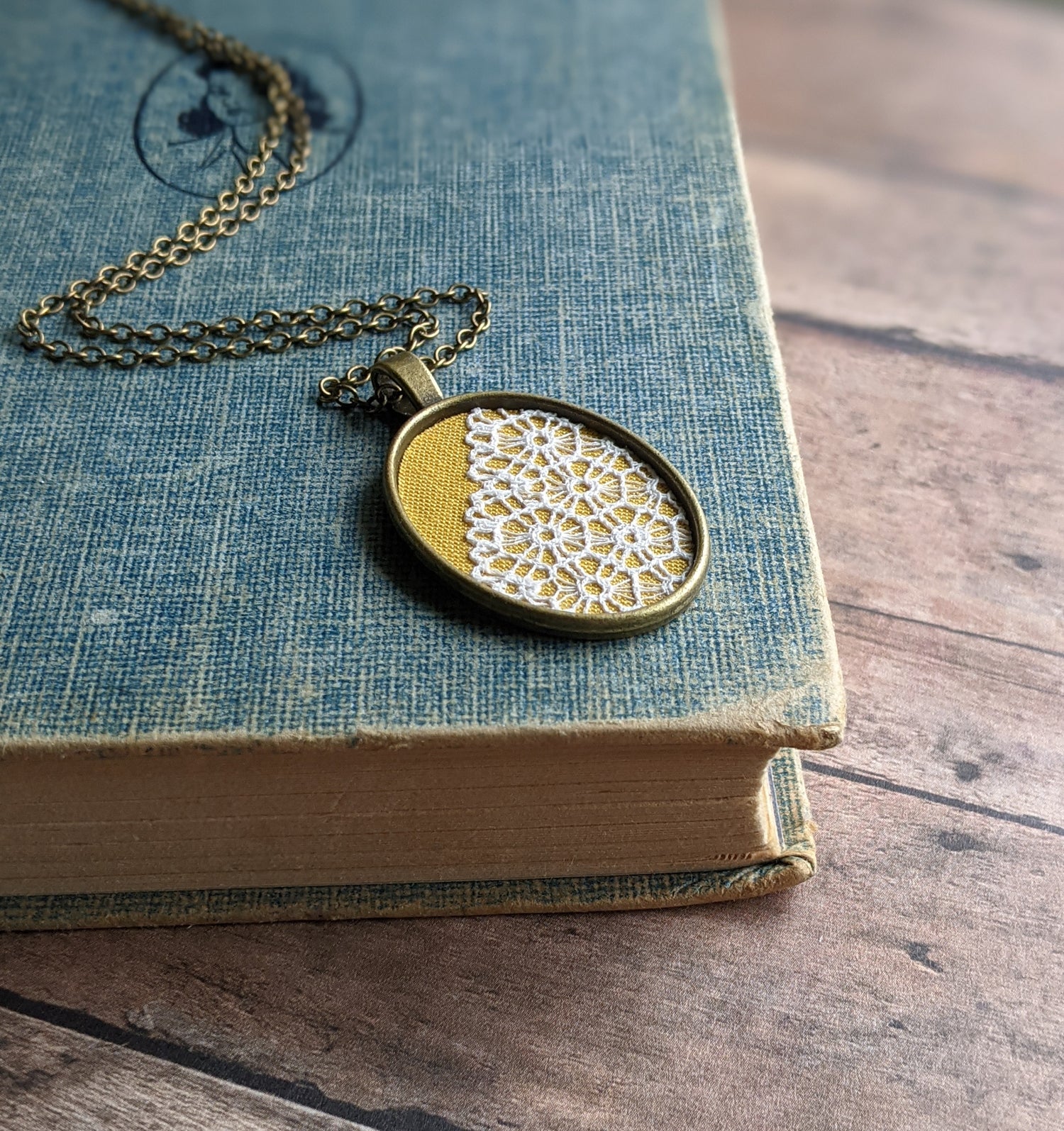 1930s Lace Necklace, Mustard Yellow Cotton, Oval Shape