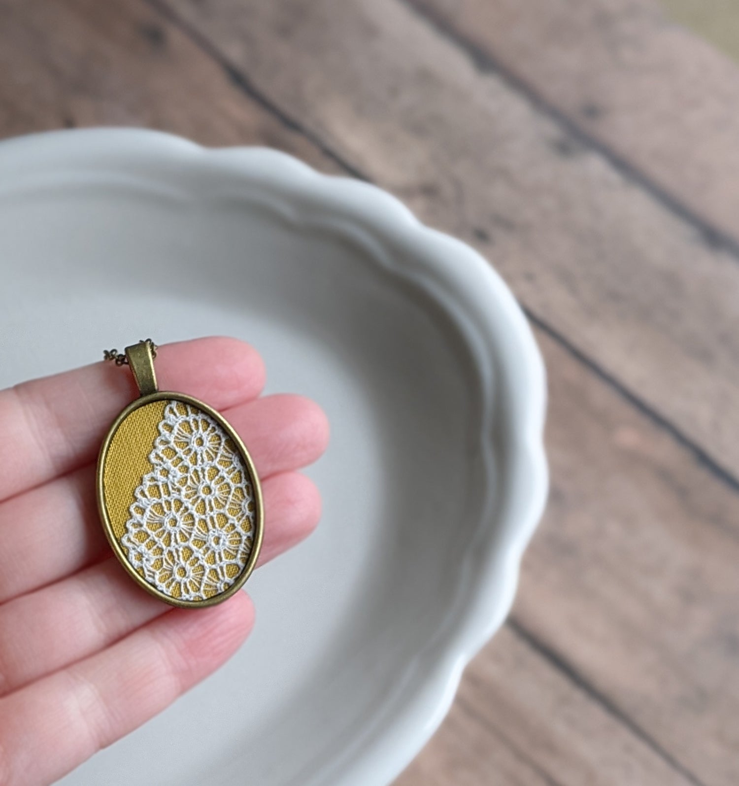 1930s Lace Necklace, Mustard Yellow Cotton, Oval Shape
