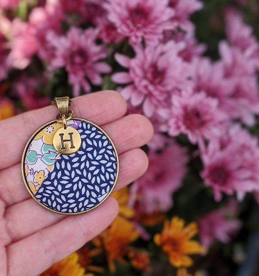 Navy Blue Vintage Quilt Pendant And Letter Charm
