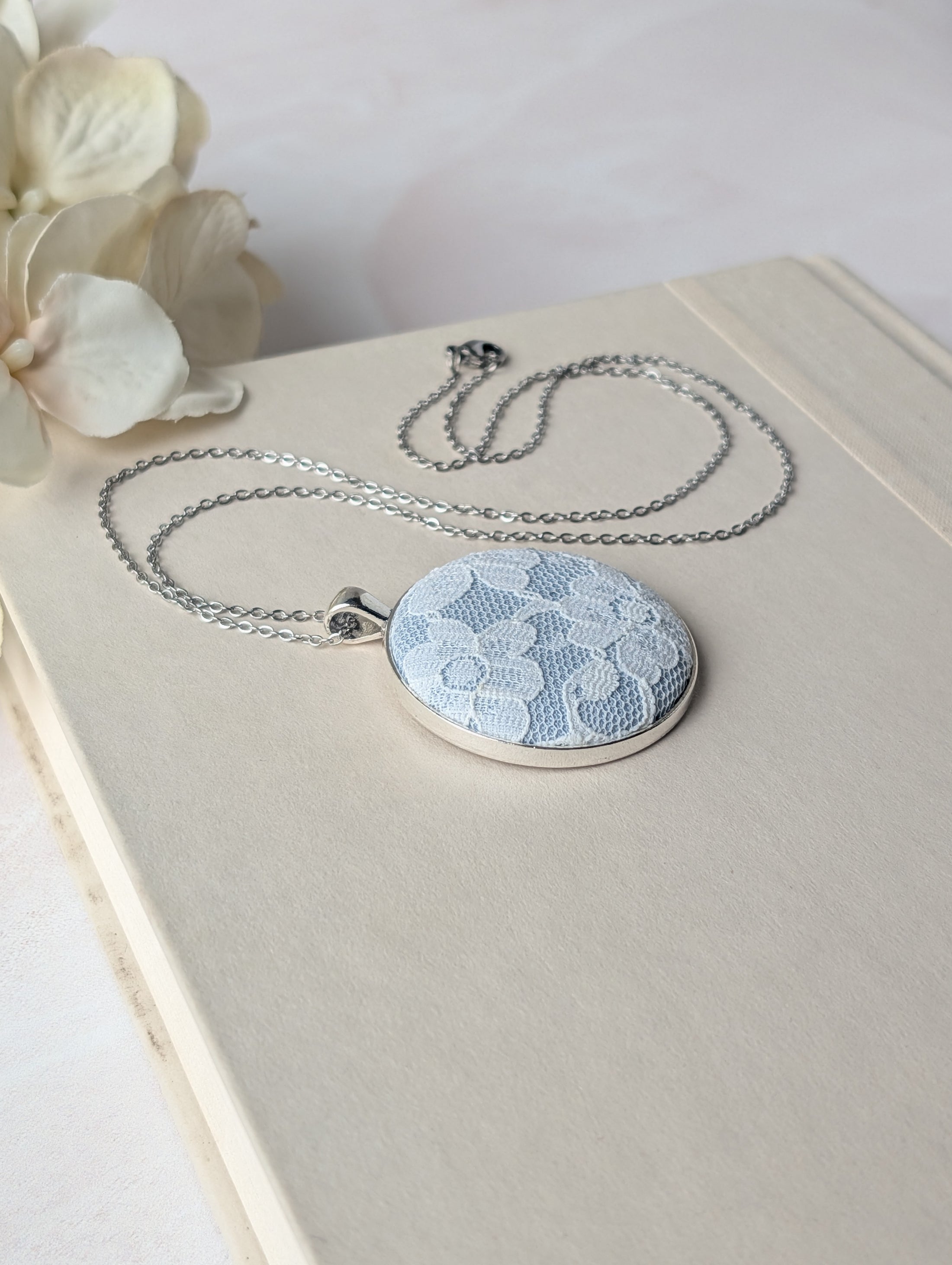 Vintage Lace Pendant Necklace In Silver, Pastel Blue, 13th Anniversary Lace Gift For Wife