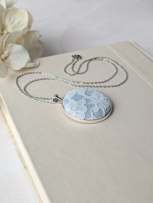 Vintage Lace Pendant Necklace In Silver, Pastel Blue, 13th Anniversary Lace Gift For Wife