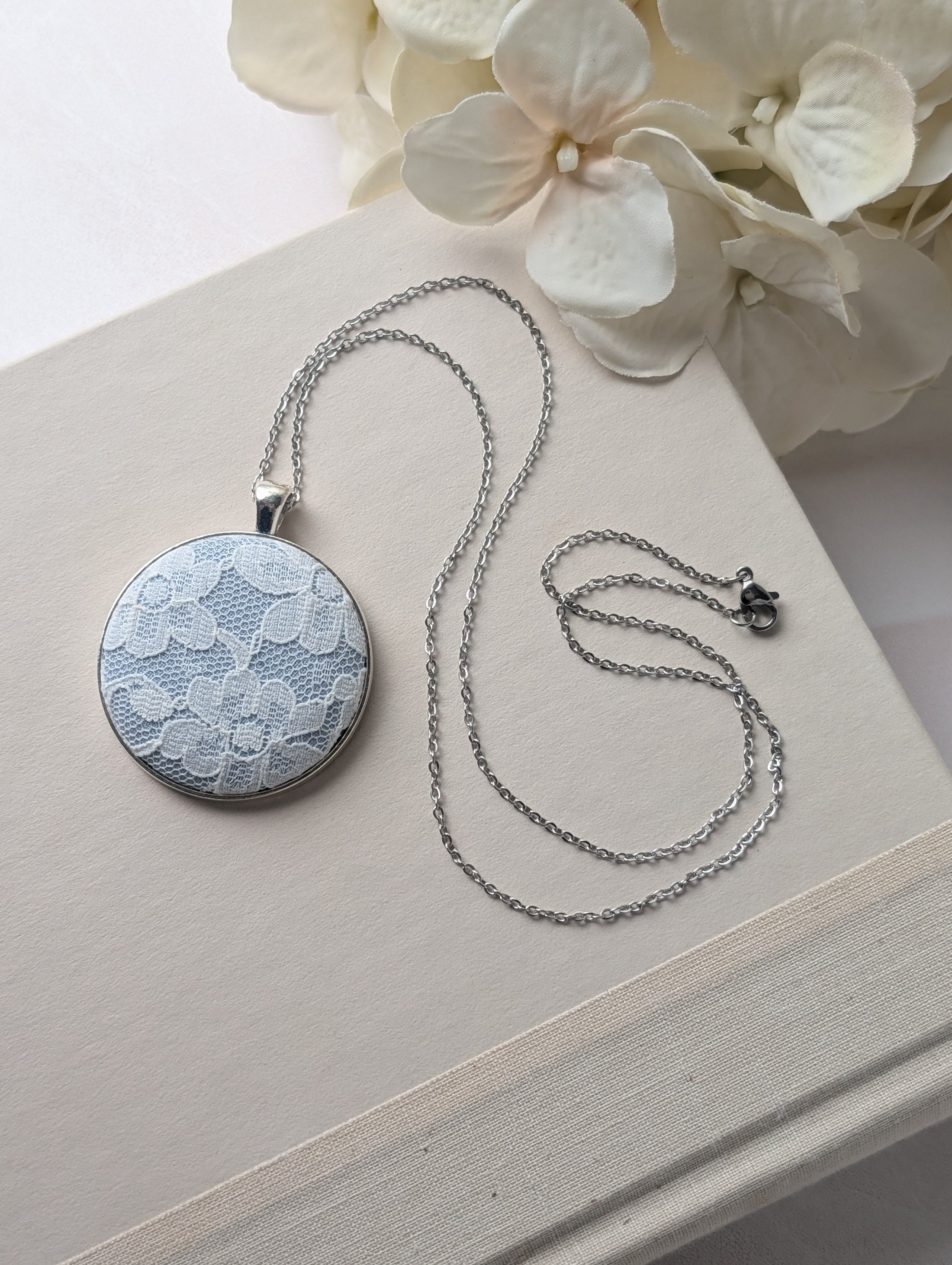Vintage Lace Pendant Necklace In Silver, Pastel Blue, 13th Anniversary Lace Gift For Wife