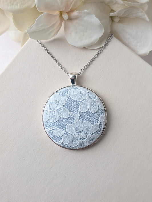 Vintage Lace Pendant Necklace In Silver, Pastel Blue, 13th Anniversary Lace Gift For Wife