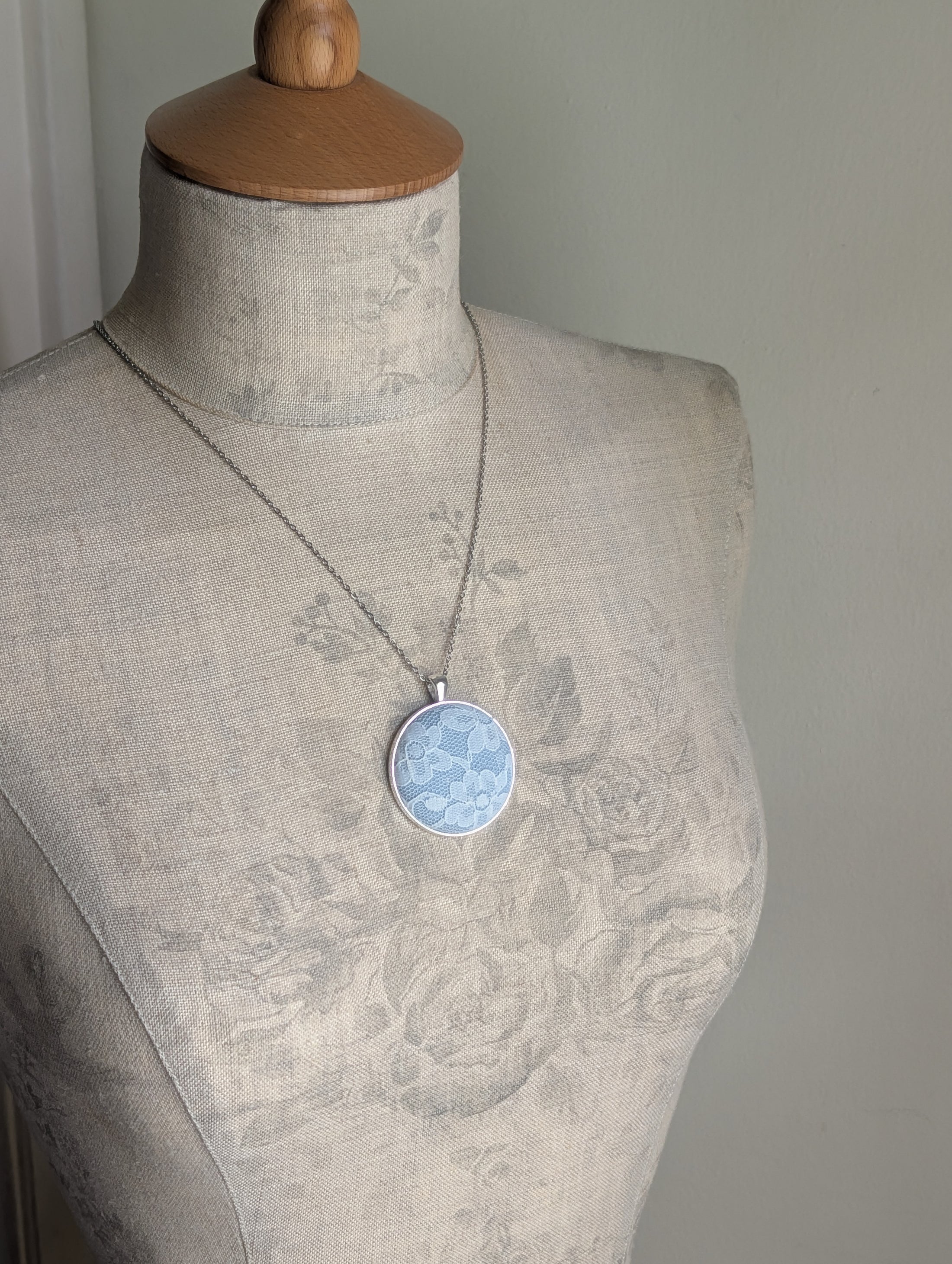 Vintage Lace Pendant Necklace In Silver, Pastel Blue, 13th Anniversary Lace Gift For Wife