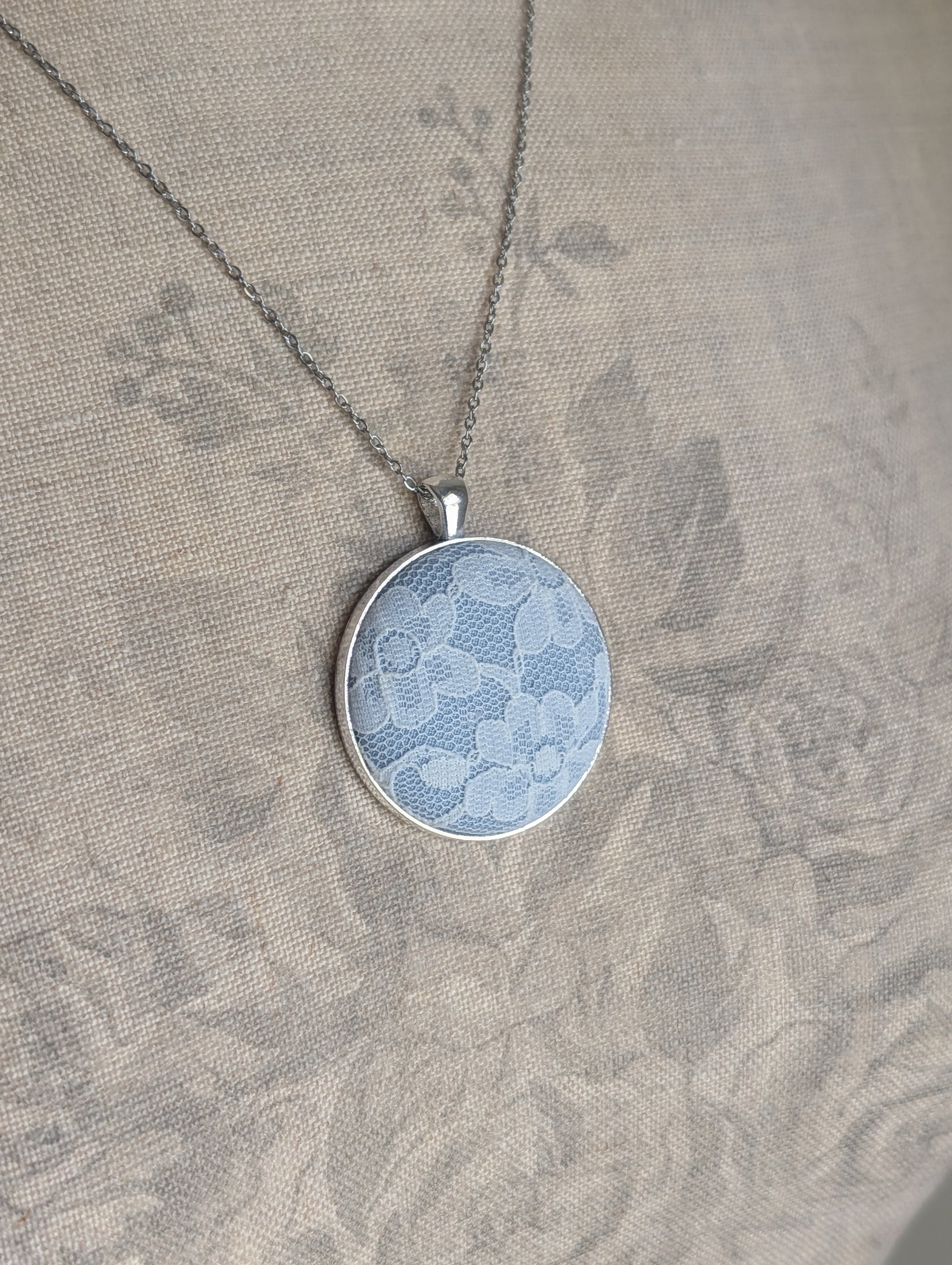 Vintage Lace Pendant Necklace In Silver, Pastel Blue, 13th Anniversary Lace Gift For Wife