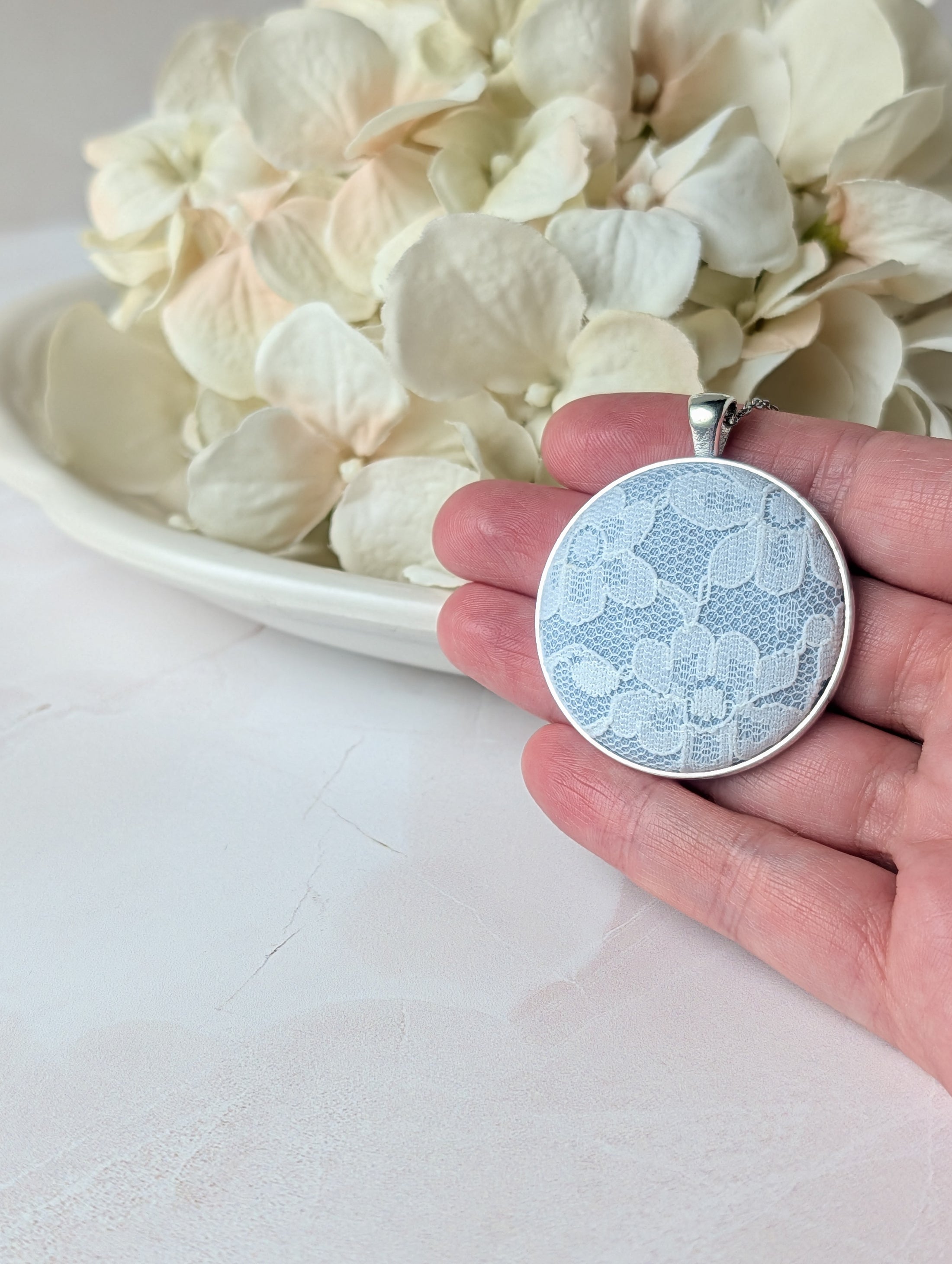 Vintage Lace Pendant Necklace In Silver, Pastel Blue, 13th Anniversary Lace Gift For Wife