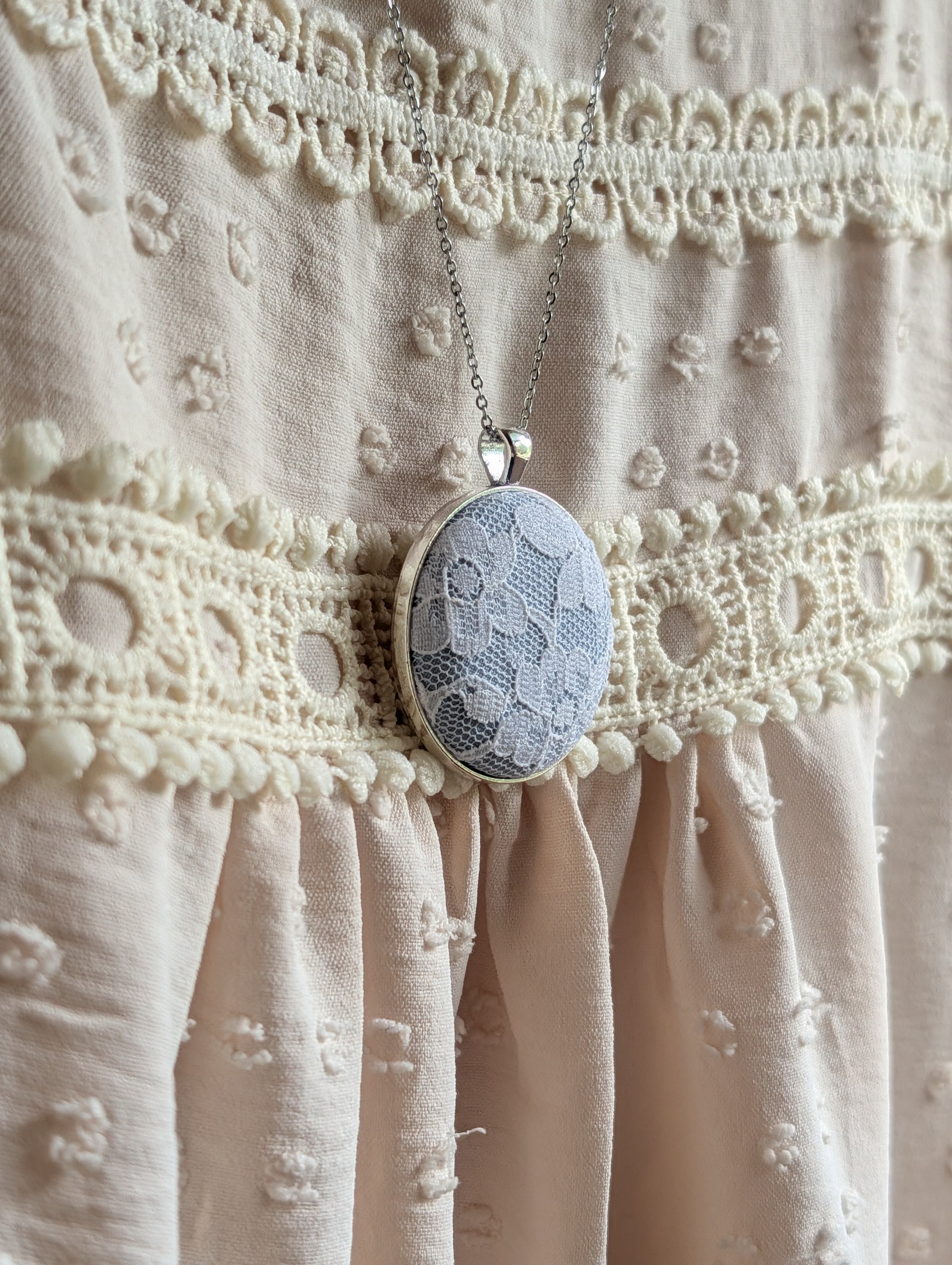 Vintage Lace Pendant Necklace In Silver, Pastel Blue, 13th Anniversary Lace Gift For Wife