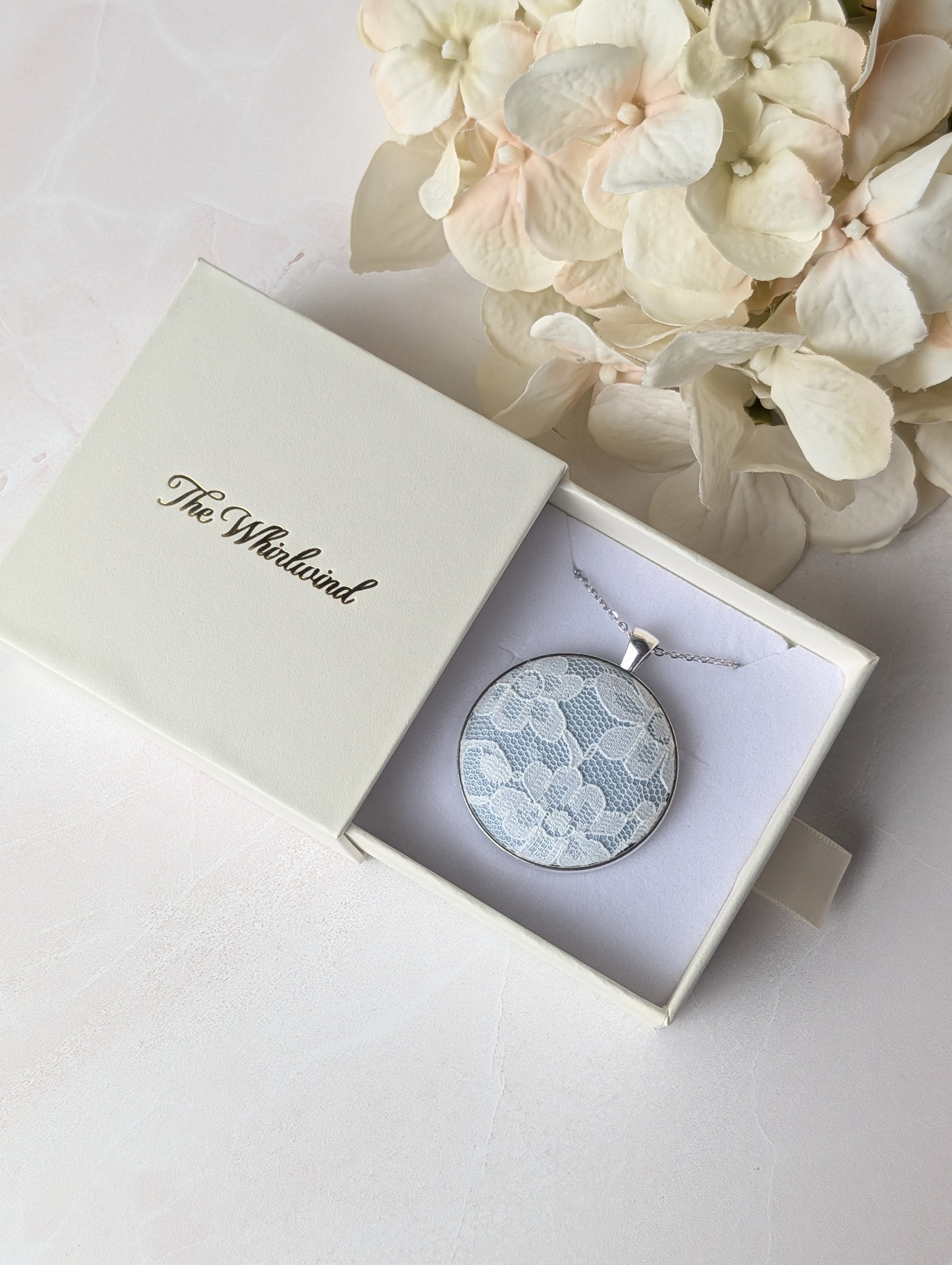 Vintage Lace Pendant Necklace In Silver, Pastel Blue, 13th Anniversary Lace Gift For Wife