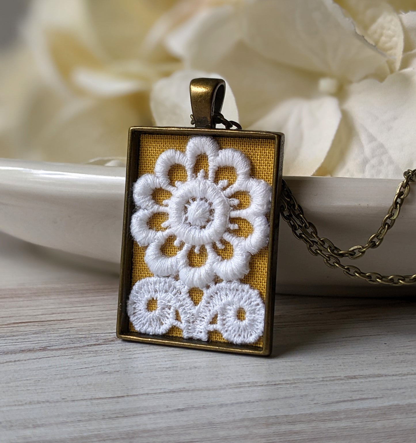 Sunny Daisy Pendant With Vintage Lace, Mustard Yellow Fabric