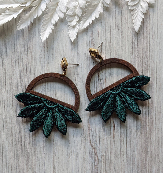 Art Deco Style Earrings With Dark Teal Flower Lace