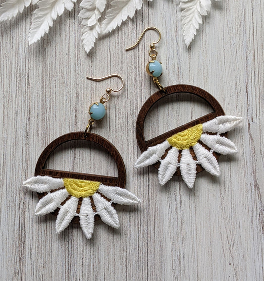 Retro Daisy Earrings With Vintage 90s Fabric Flowers And 1960s Blue Glass